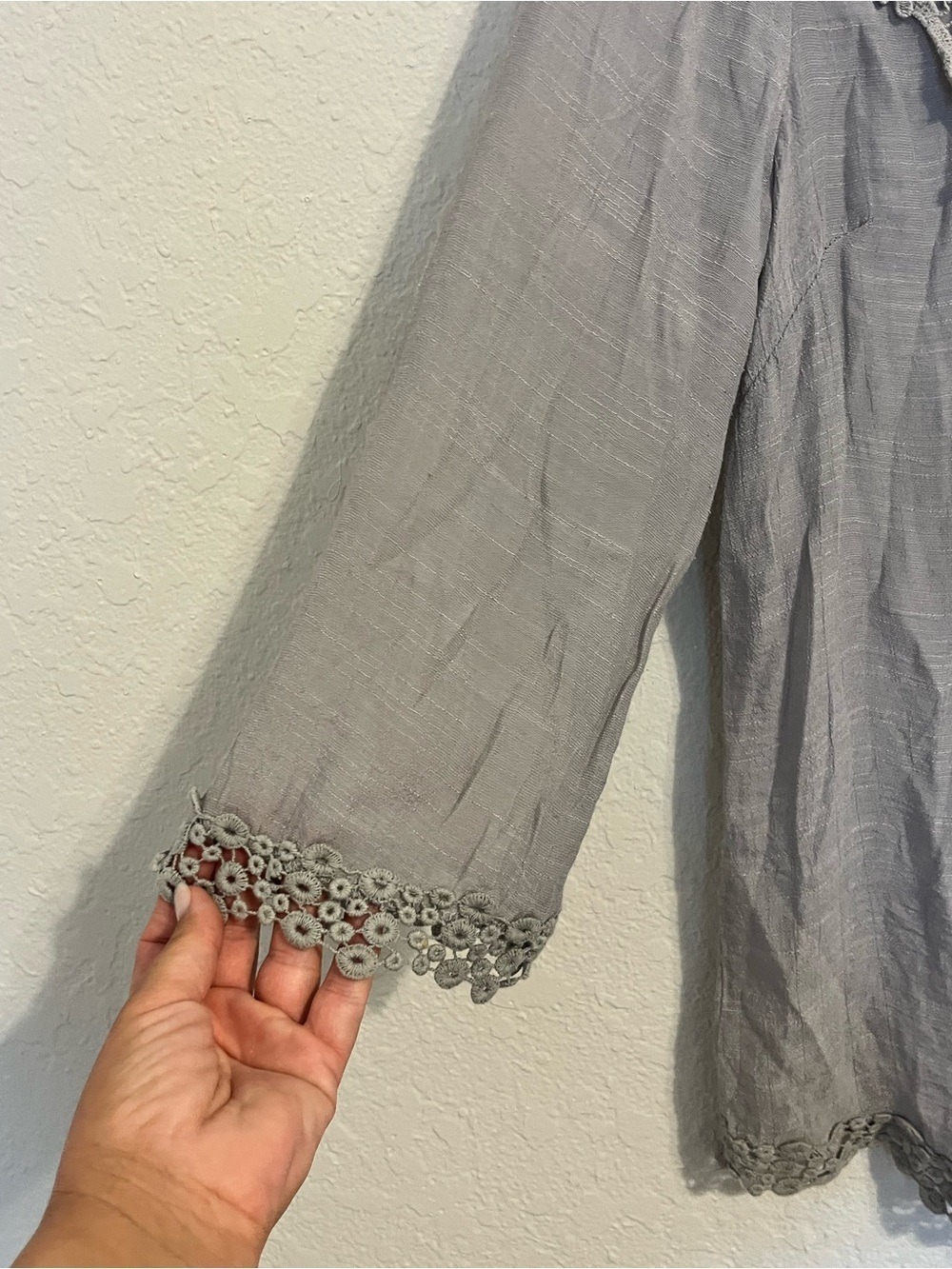 Gray Boho Lace Gauze Tunic Top Medium Fairycore Prairie Romantic Sheer Cottage - Picture 4 of 8